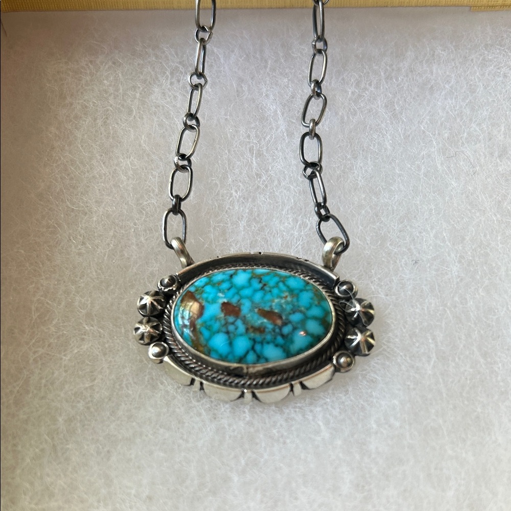 Turquoise Oval Silver Pendant Necklace - Blue Turquoise